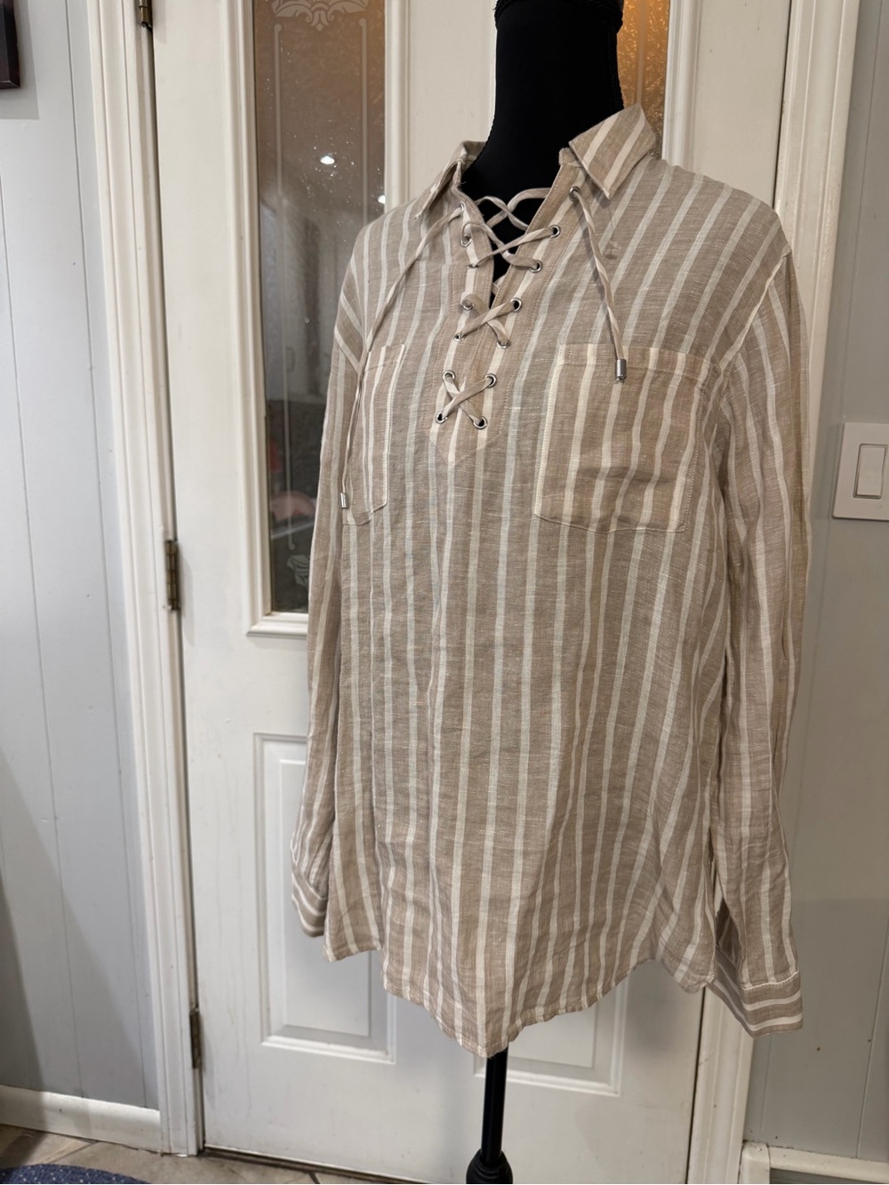 Lands' End Beige and White Striped Lace-Up Button Down Shirt